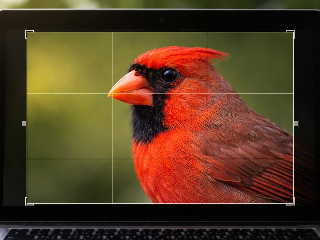 Close-up bird photo on screen with subtle crop overlay showing improved eye and head spacing
