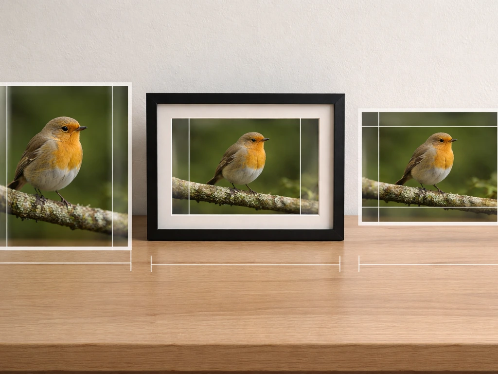 Desk with a framed bird photo showing crop guide rectangles for a tight vs balanced composition.