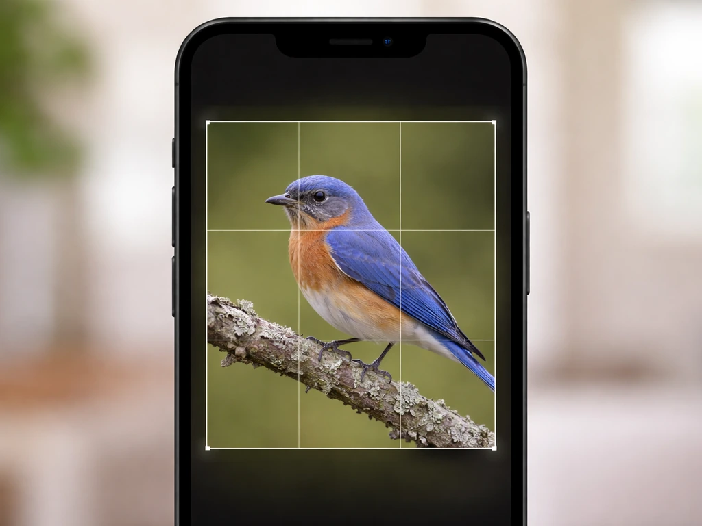 iPhone displaying Apple Photos crop tool overlay on a bird photo, simple UI overlay on a clean background