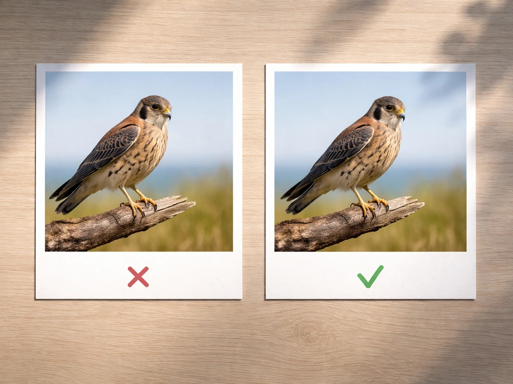 Side-by-side before/after bird photo crops showing cut wingtips, missing space, and corrected straight horizon.
