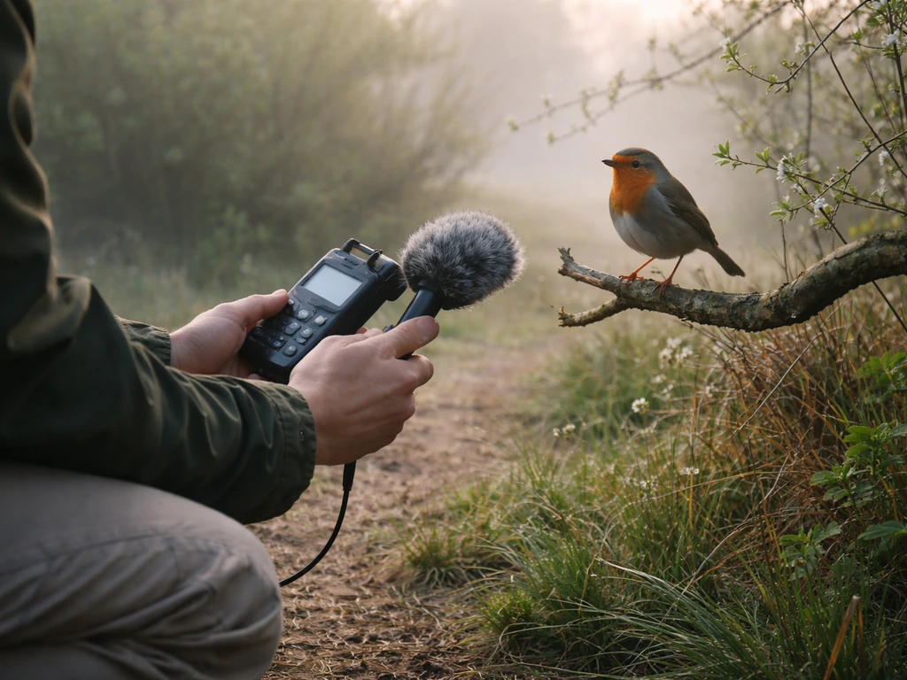 At dawn, an observer holds a handheld recorder near a bird perch to capture clean bird calls.