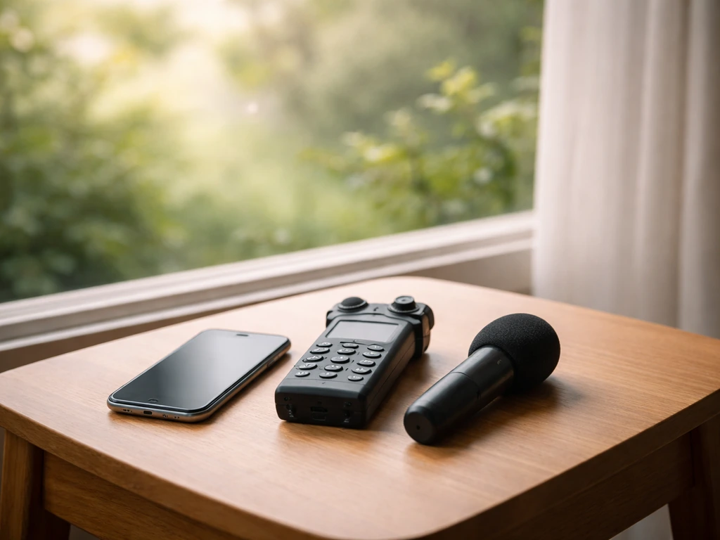 Smartphone, portable audio recorder, and handheld mic side by side on a wooden table near an open window.