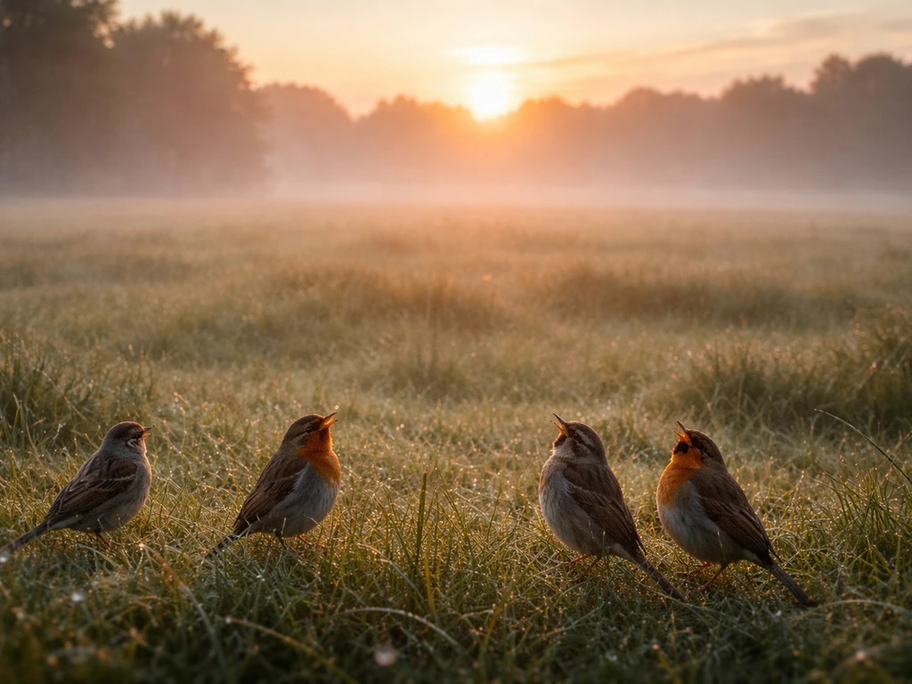 Sunrise over a quiet field with birds perched nearby, capturing the dawn chorus moment.