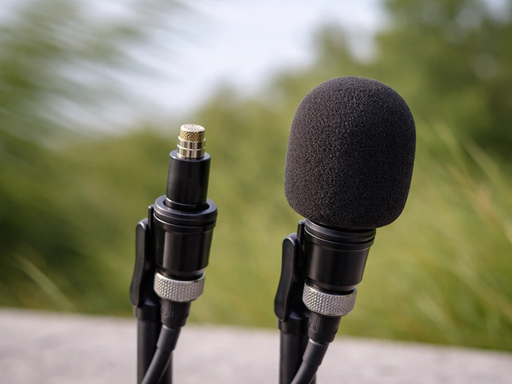 Bare mic capsule outdoors beside the same mic with a foam windscreen, showing wind/no-windscreen contrast