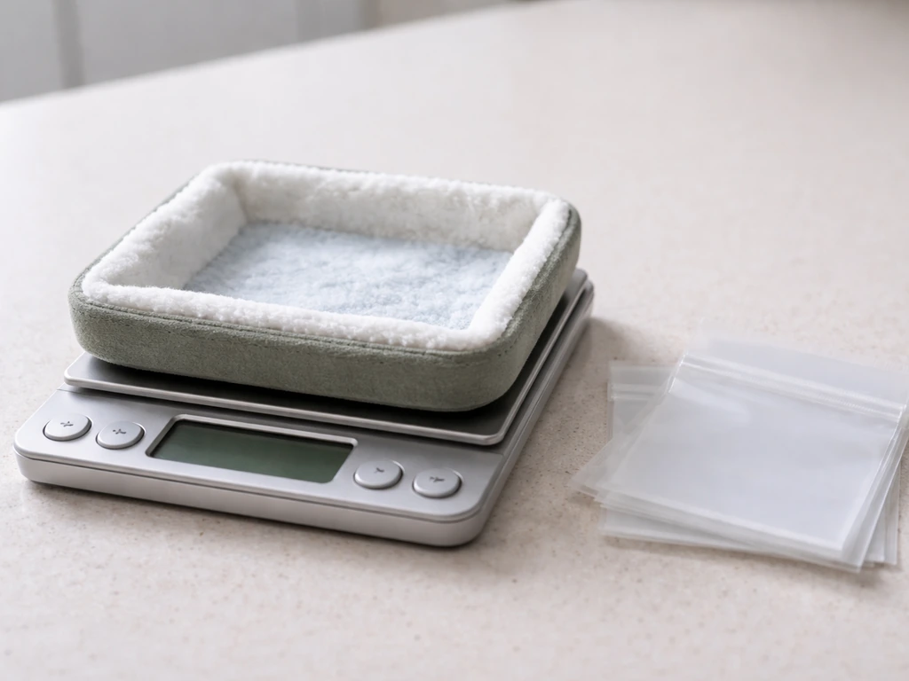 Digital grams scale with a bird-safe tray and small empty weigh pouch on a clean countertop.