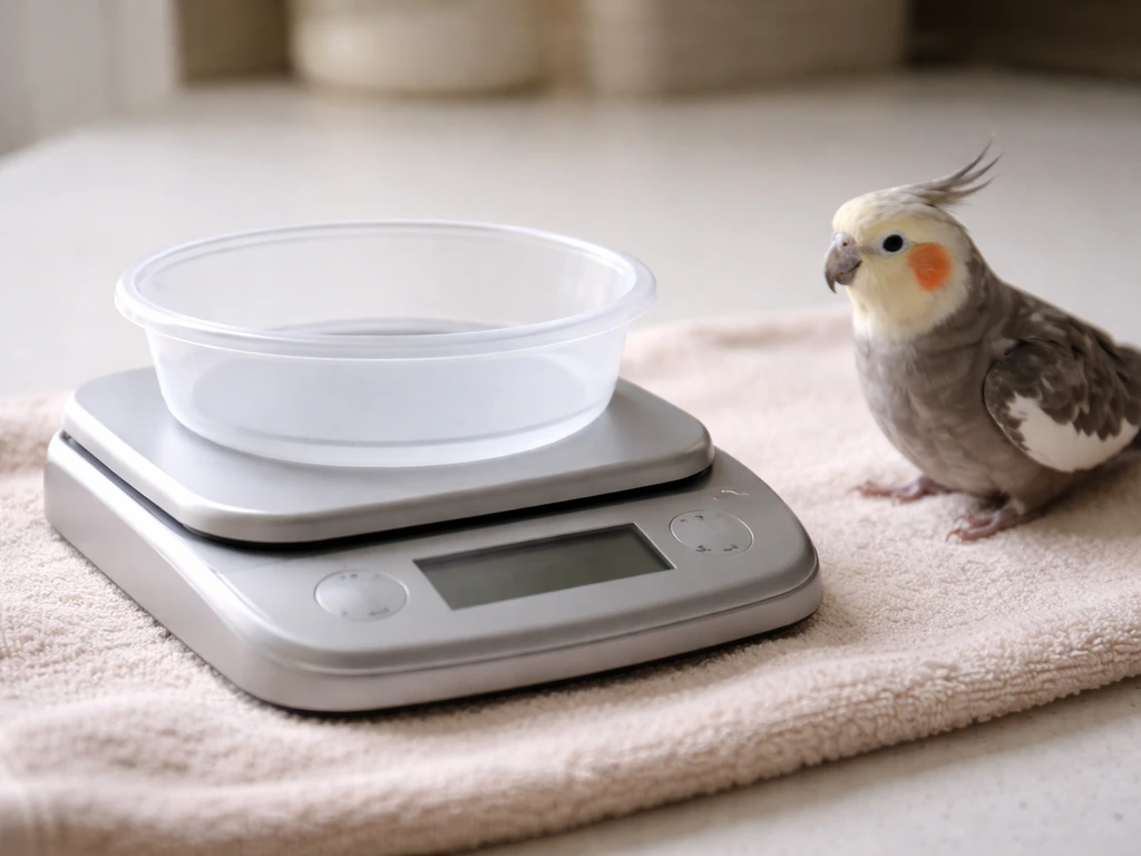 Small container on a digital kitchen scale, tared, with a bird briefly held nearby