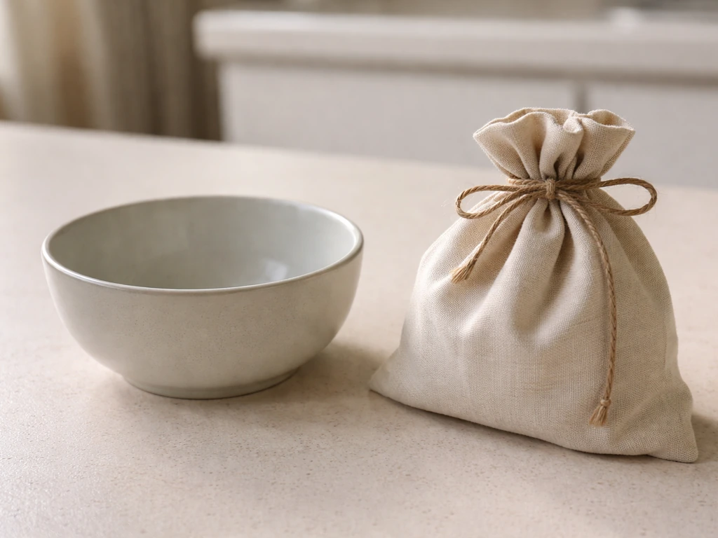 Empty bowl and a loosely tied cloth bag on a countertop, illustrating snug containment without a bird.
