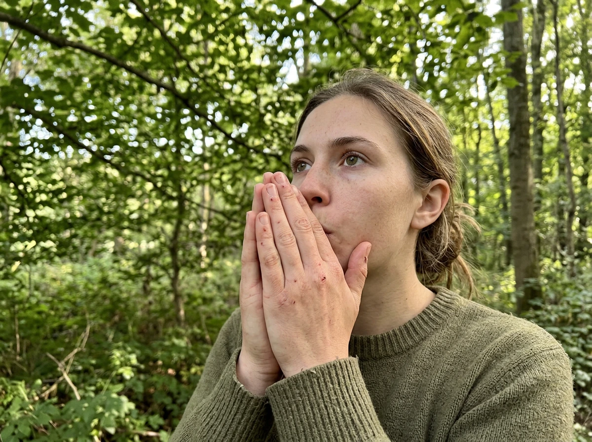 Beginners practicing hand bird calls with cupped hands near their lips outdoors.