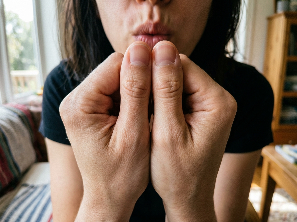 Cupped-hands whistle setup showing interlaced fingers, thumbs gap near lips.