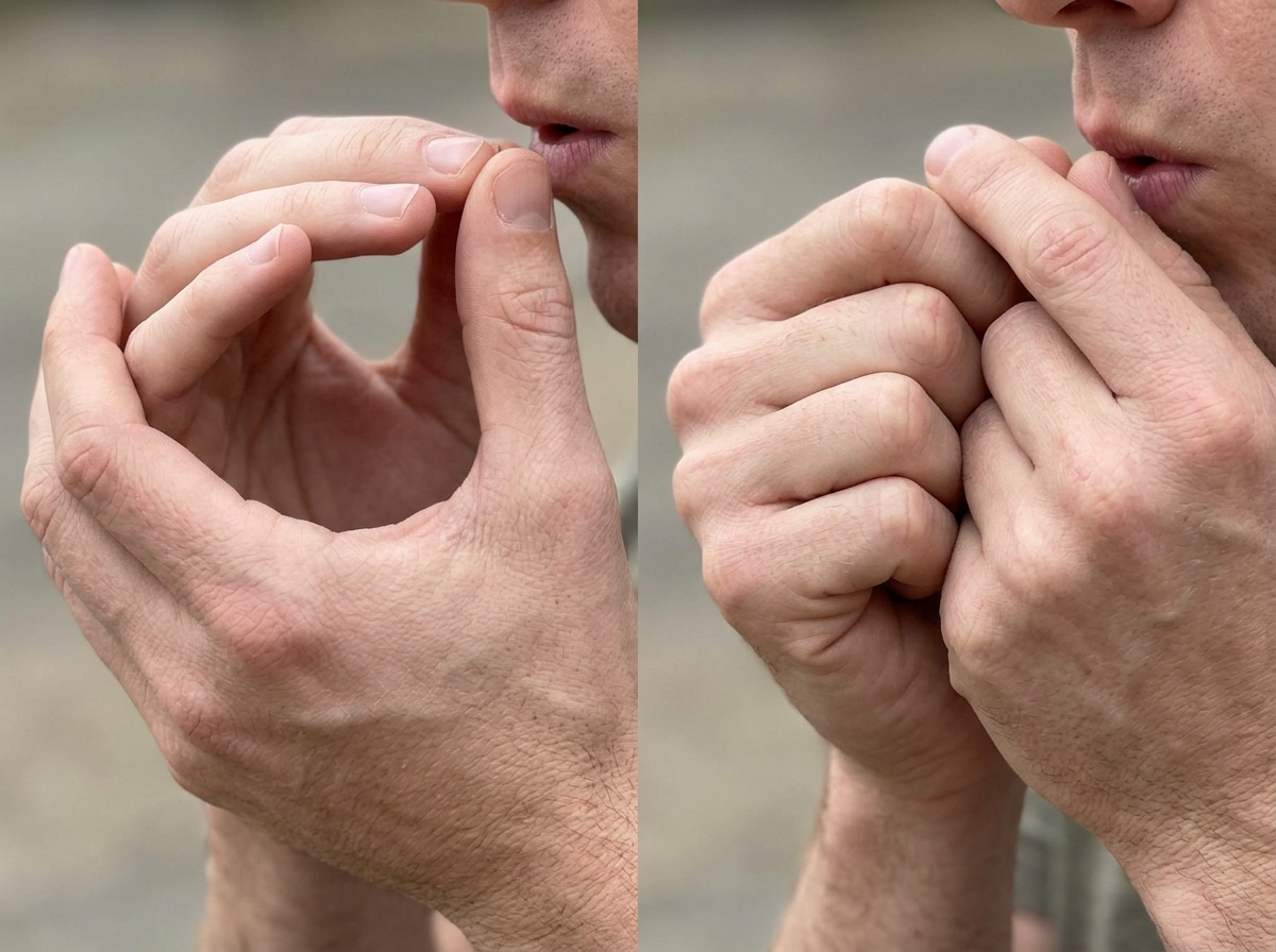Tightening the cupped-hand whistle to raise pitch, shown by tighter hand cup.