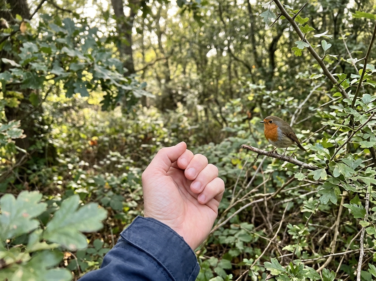 Bird approaching a cupped-hand call held toward it in the yard.