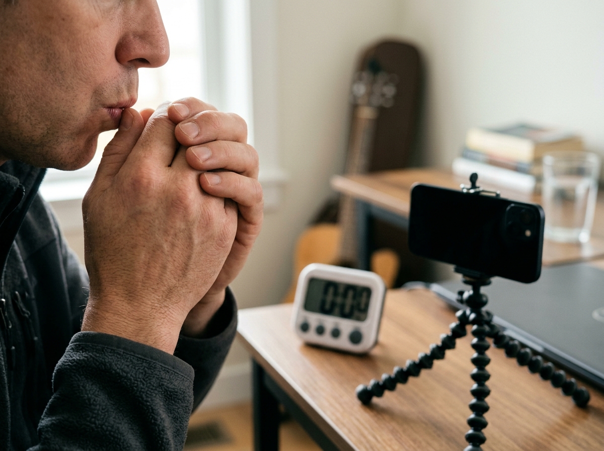Indoor practice of cupped-hand whistle with phone recording off to the side.