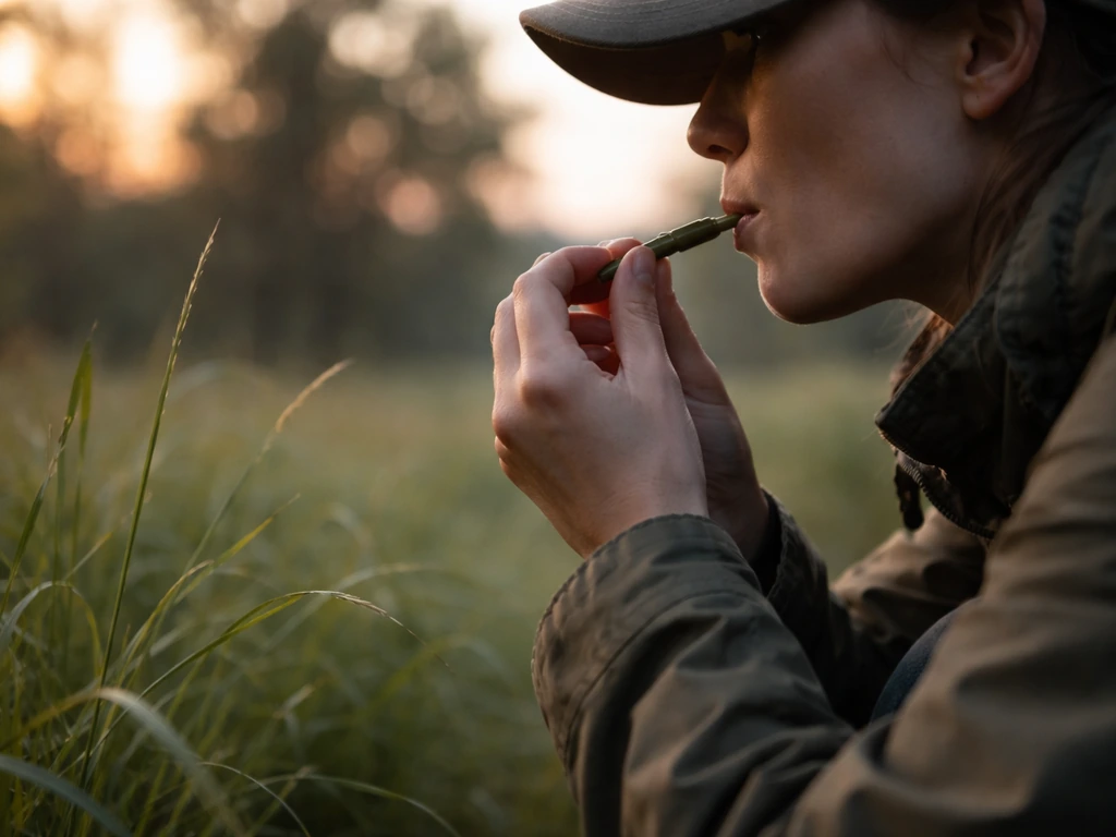 Anonymous birding moment at sunrise, whistle held forward while crouching beside grass, waiting to call.