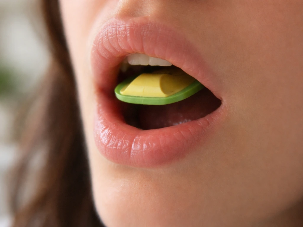 Close-up of a simple bird whistle held at a mouth with soft contact and slight moisture, minimal background.