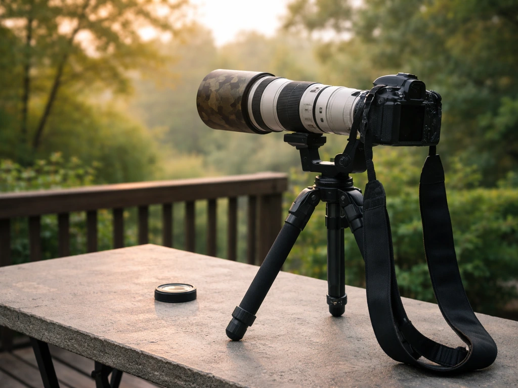 Beginners bird-photography gear: camera on tripod with gimbal head and long telephoto lens outdoors