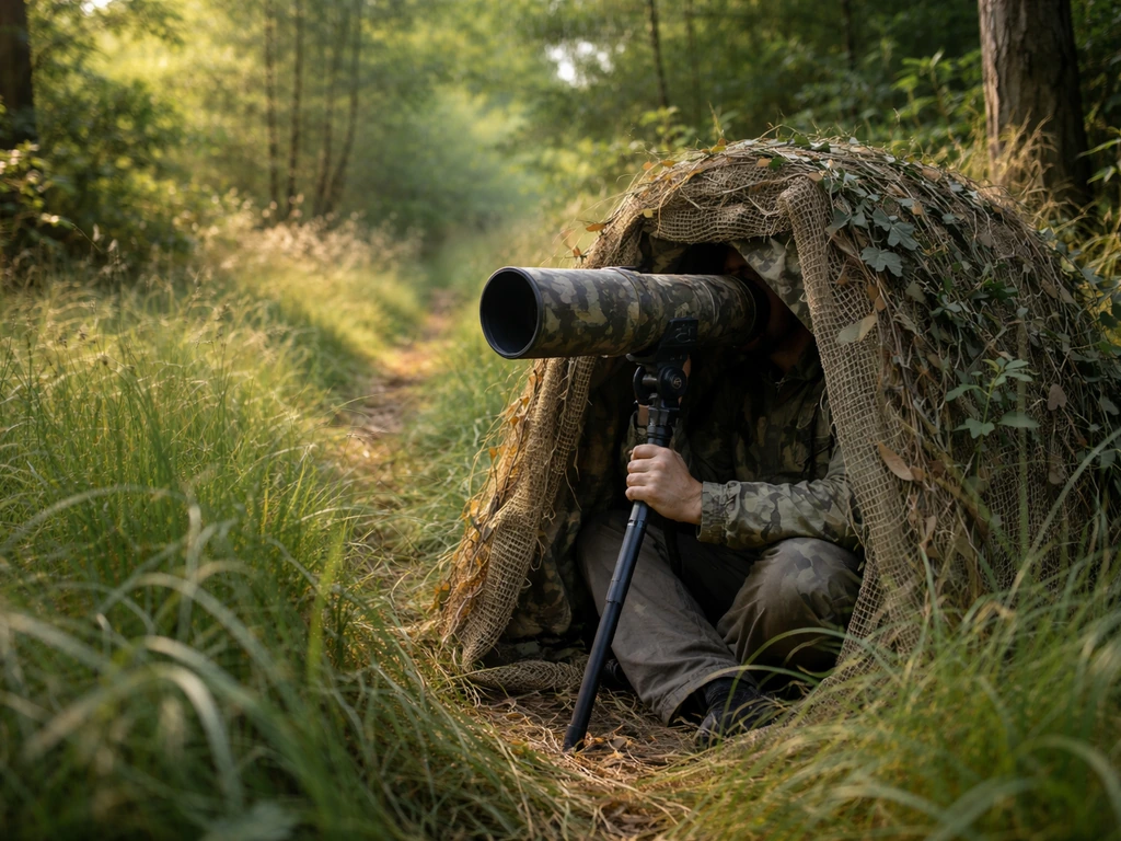 Anonymous photographer in a natural camouflaged hide with a long telephoto lens waiting for birds.