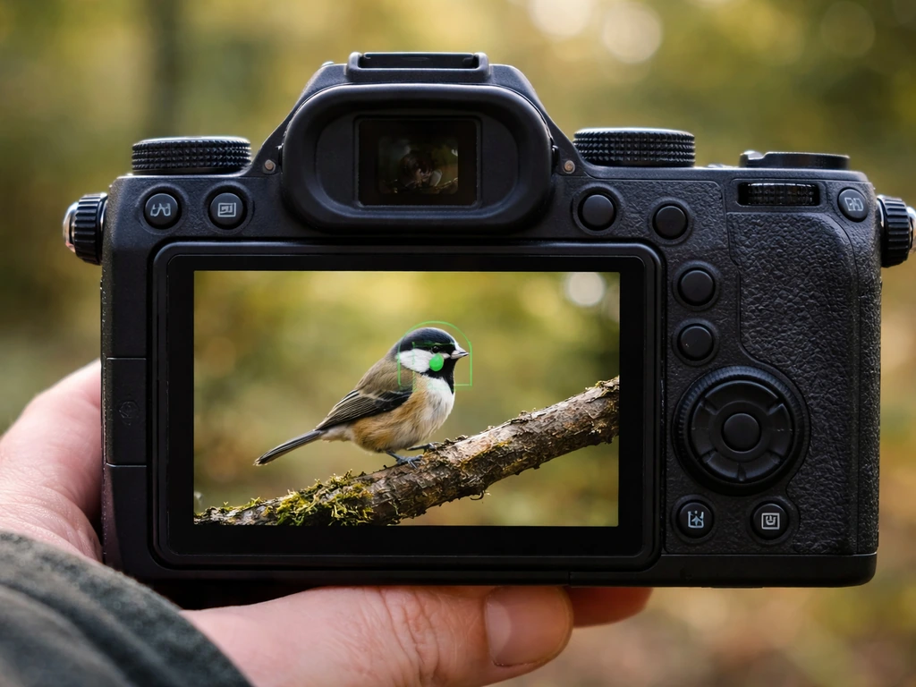 A camera LCD shows a bird while continuous autofocus tracking is engaged in a simple outdoor scene.