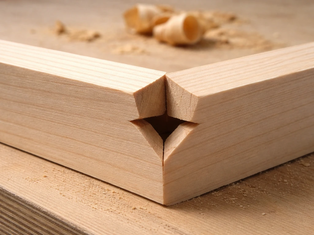 Close-up of a finished birdhouse-style wooden joint showing a precise bird mouth notch fit