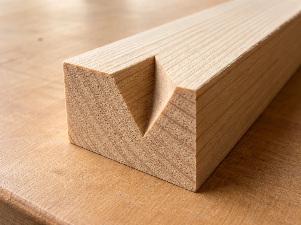Close-up of a wood block’s beak-like bird mouth notch with visible inside corner geometry.