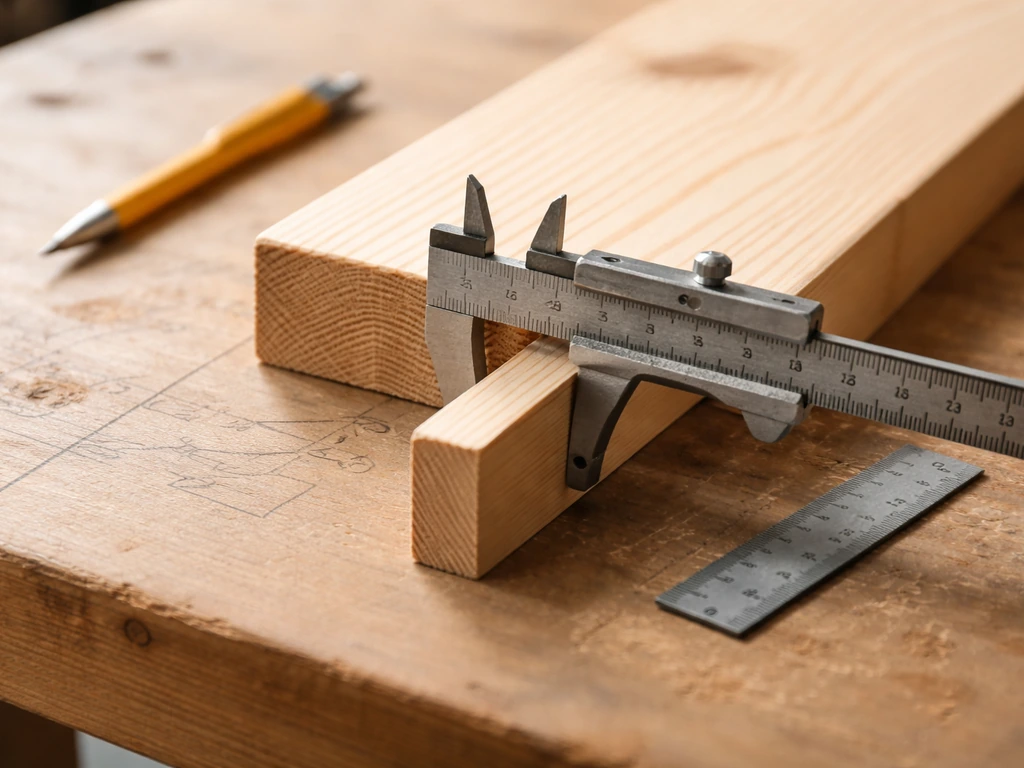 Close-up of calipers measuring wood board thickness with pencil scribbles for cut dimensions