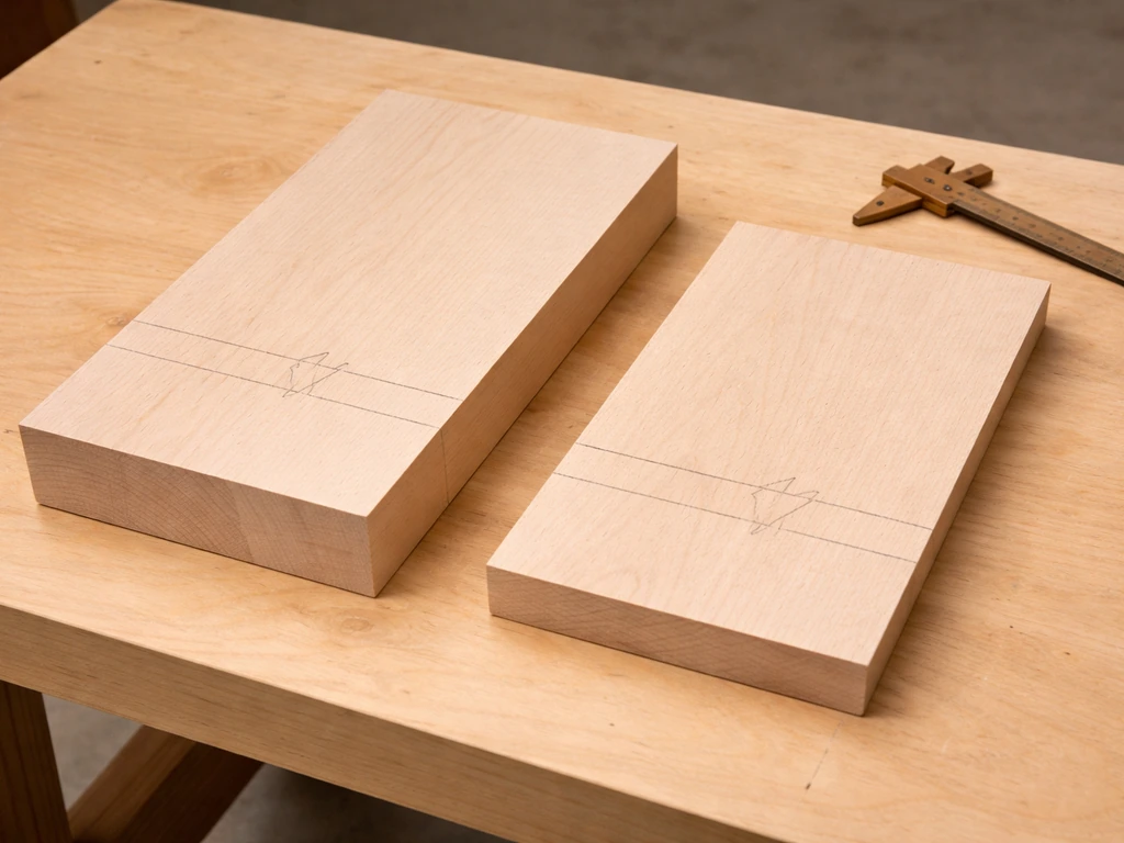 Two different-thickness wooden boards on a bench with subtle depth/heel limit markings for comparison.