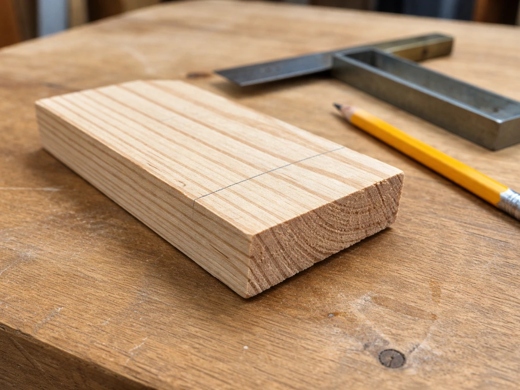 Scrap wood rocking on a bench with a faint adjustment scribe line and a carpentry square nearby.