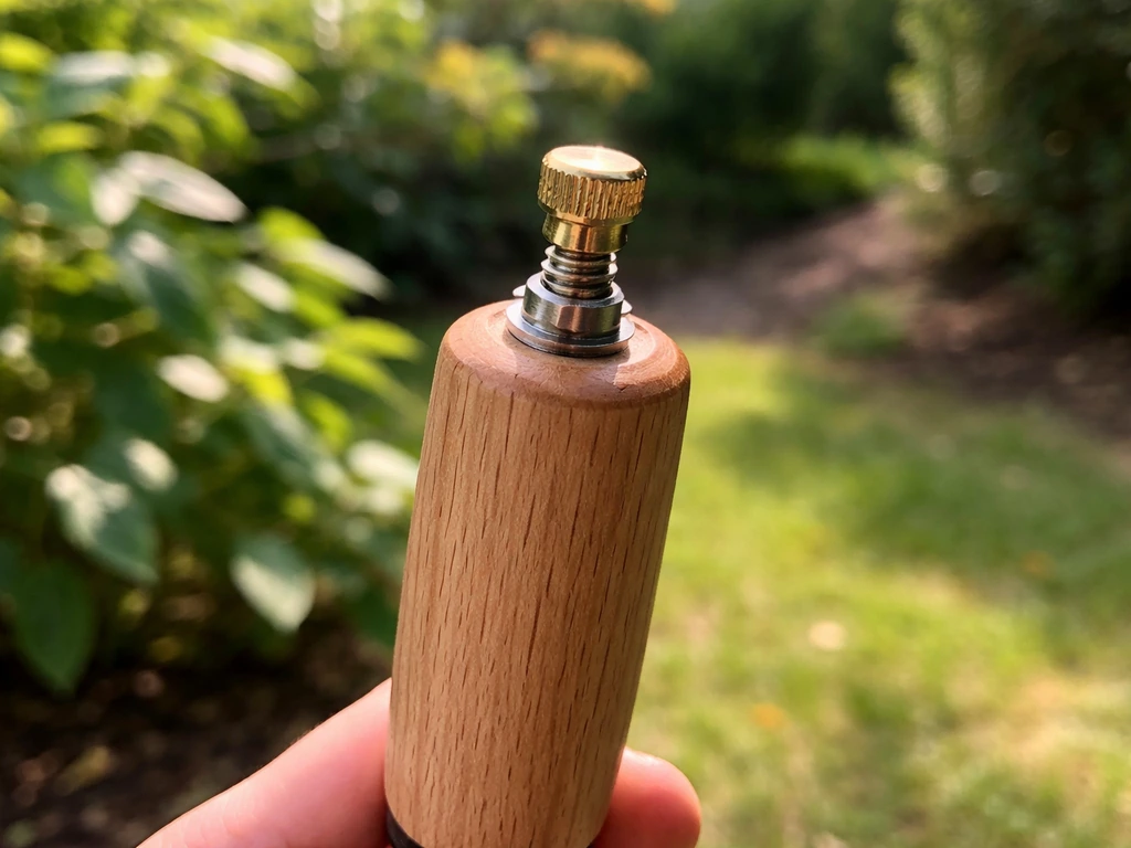Close-up of a wooden-handled brass garden bird call held in a sunlit garden, no people, minimal background.