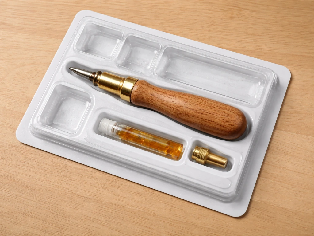 Open Toysmith bird call kit showing wooden handle, brass contact piece, and included rosin tube.