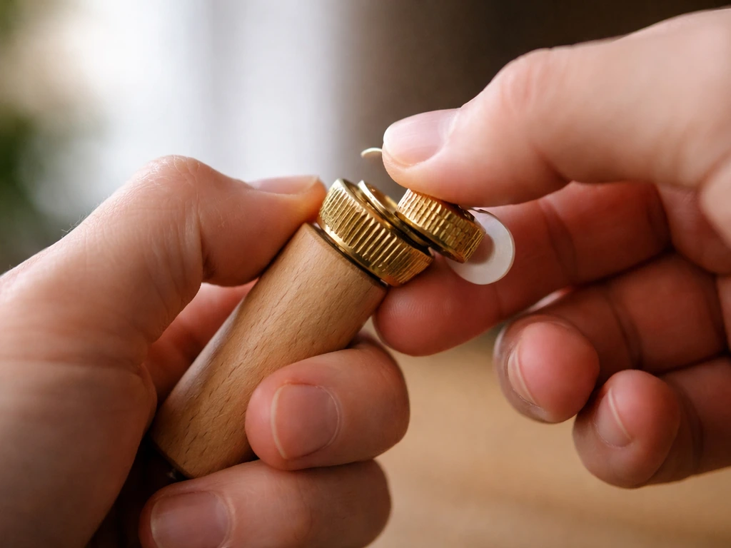 Close-up hands holding a wooden handle while the brass contact rotates a quarter turn on a sound device.