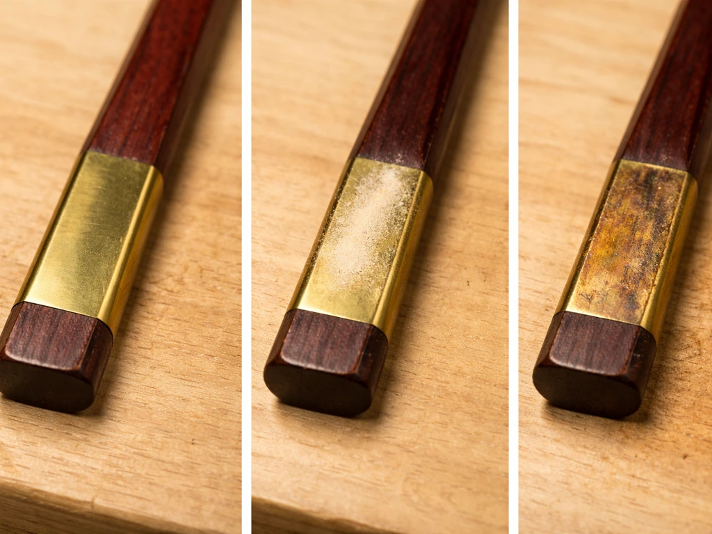 Three close-up bench setups comparing no rosin, rosin applied, and worn wood contact surfaces.