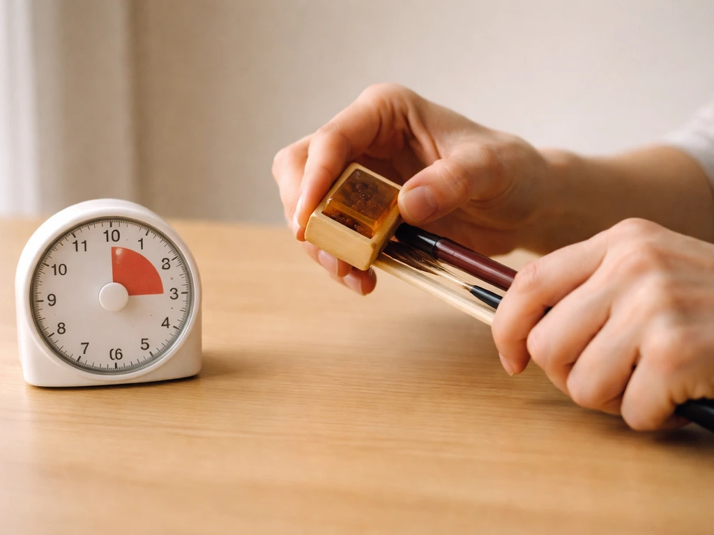Hands applying rosin and practicing a bow twist beside a simple 10-minute timer on a clean table.