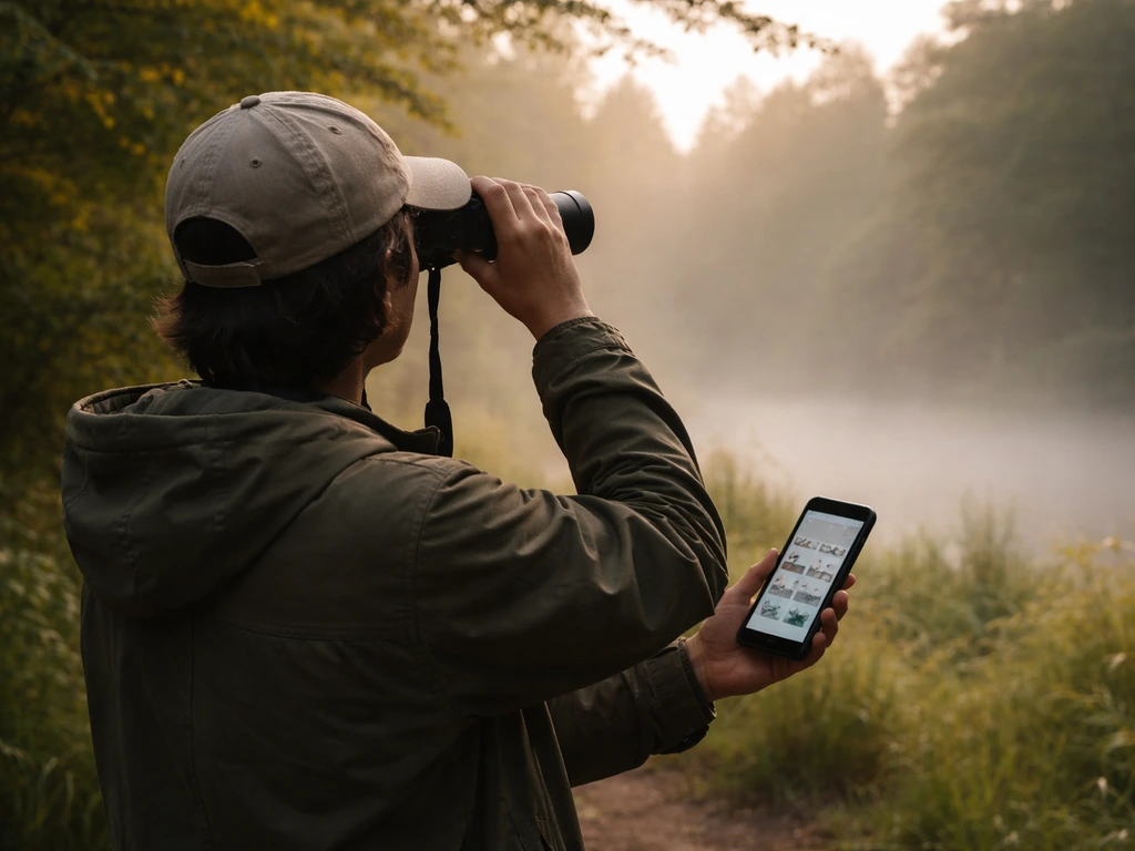 Beginner birdwatcher at dawn holding binoculars and a phone app near a green woodland edge
