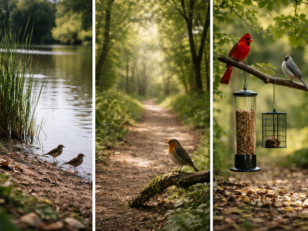 Three minimal bird habitats—pond edge, woodland branch, and feeder area—with small birds present.
