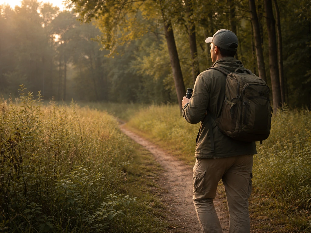 Birdwatcher pauses on a woodland path with binoculars, slowly scanning the tree line.