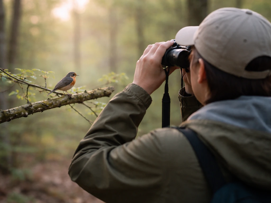 Beginner birdwatcher observing a perched bird through binoculars in a quiet forest clearing