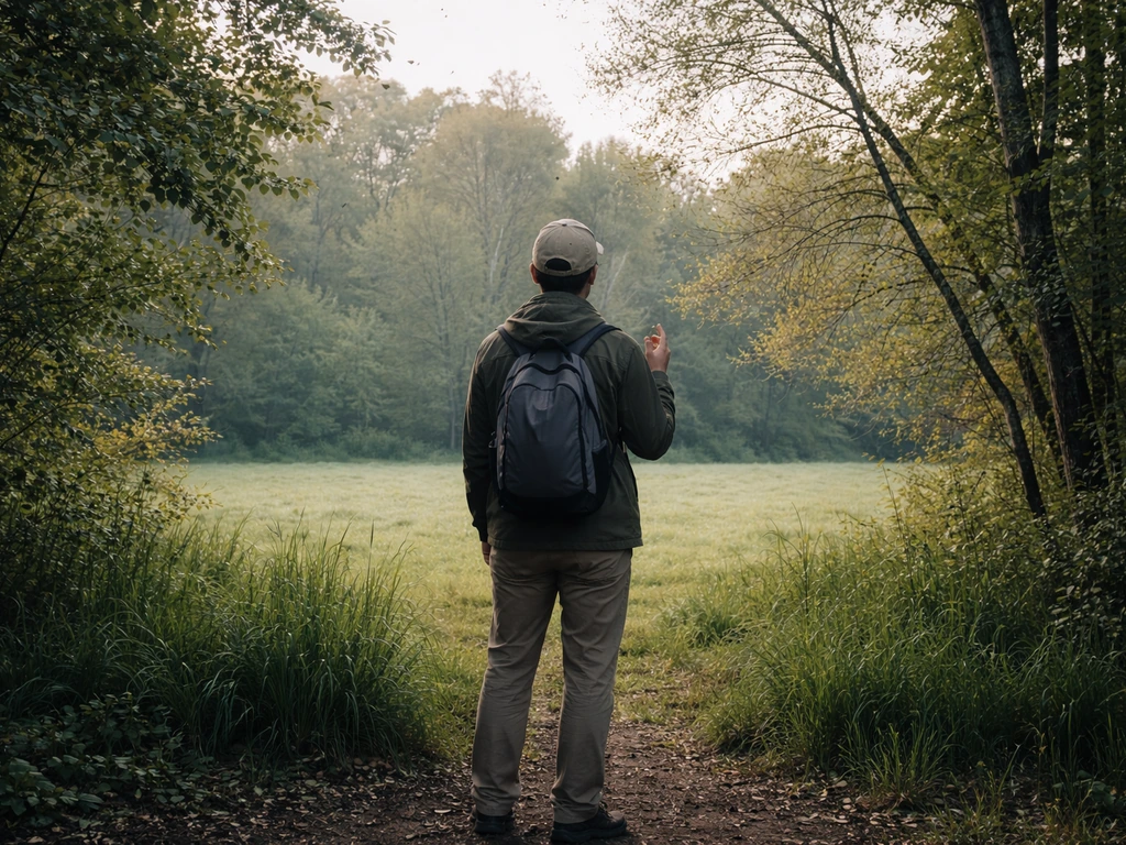 Person stands still on a quiet path, listening near grass and trees as distant birds perch.
