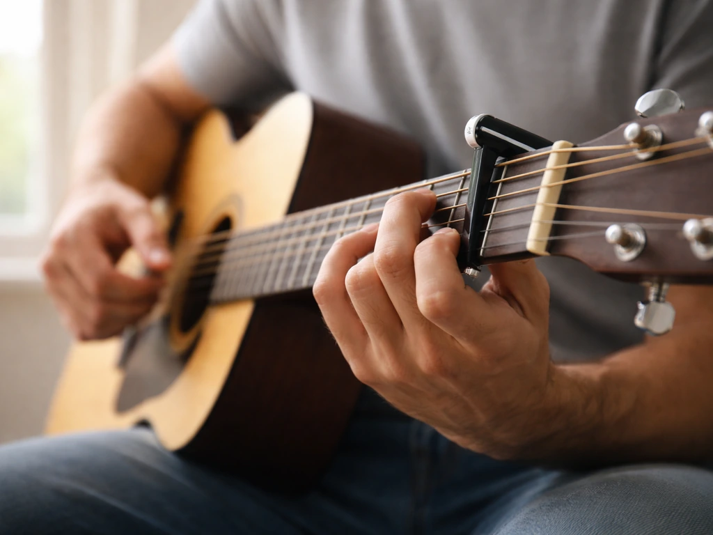 Close-up of hands playing guitar with a capo, showing chord hand position for step-by-step learning.