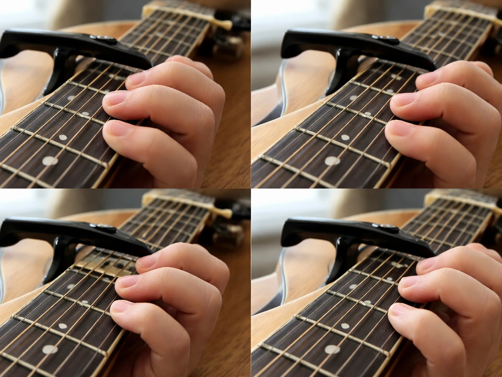 Guitar fretboard showing capo at 3rd fret with finger positions for C, Am, F, and G chords.