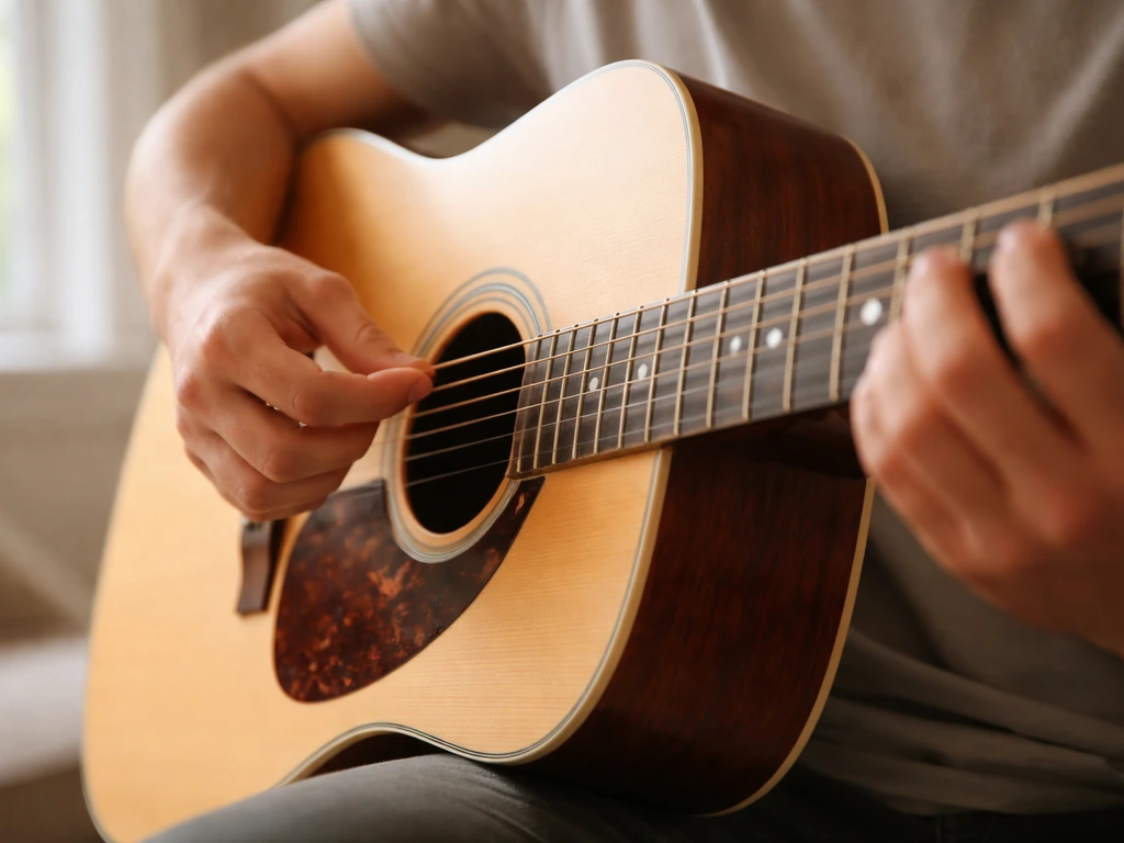 Hands strumming an acoustic guitar softly in a quiet room with a chord loop vibe