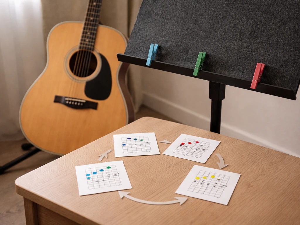 Close-up of a guitar on a music stand with four chord cards arranged in a C-Am-F-G loop for intro, verse, chorus.