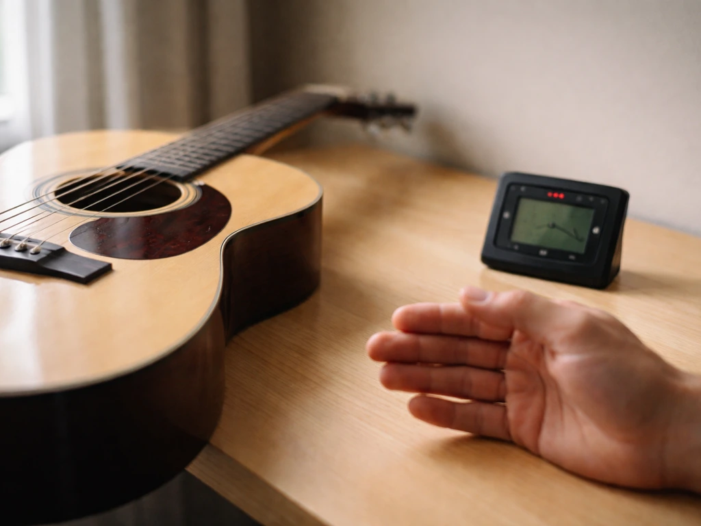 Close-up of an acoustic guitar on a desk beside a visible metronome and a hand poised to clap, slow timing theme.