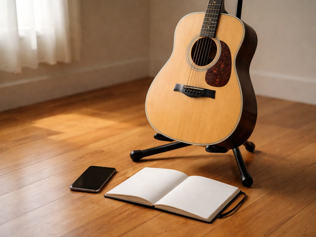 Acoustic guitar on a stand with a blank notebook and phone nearby in a quiet practice room.