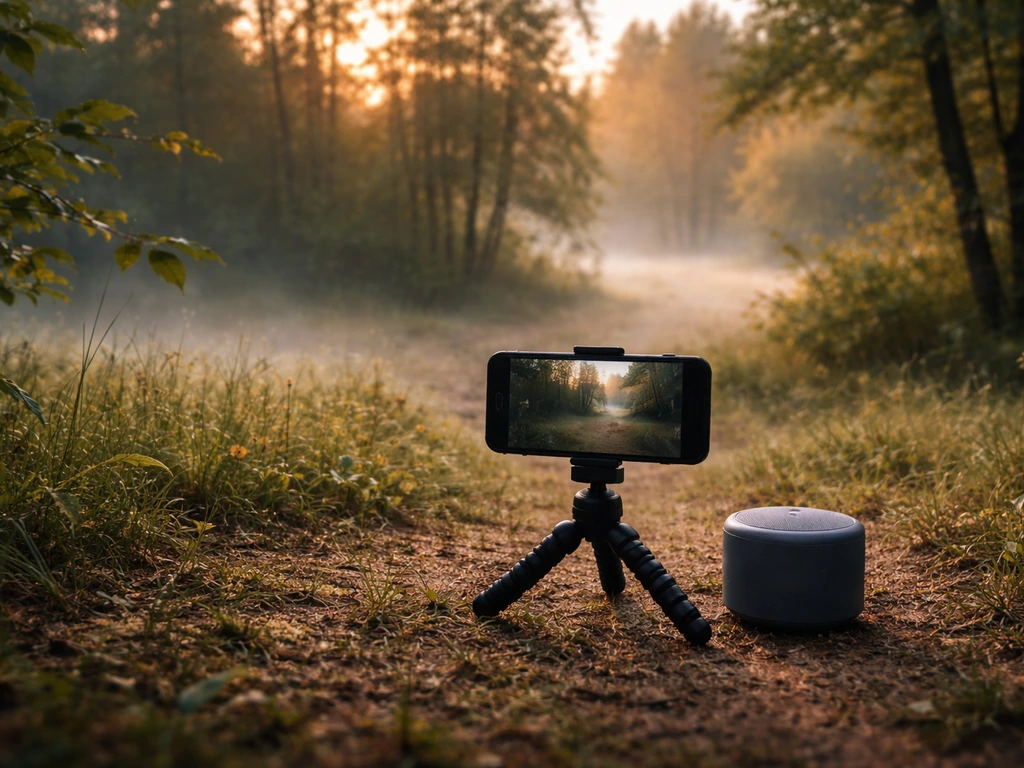 Smartphone and small speaker playing bird calls in a quiet woodland at sunrise.