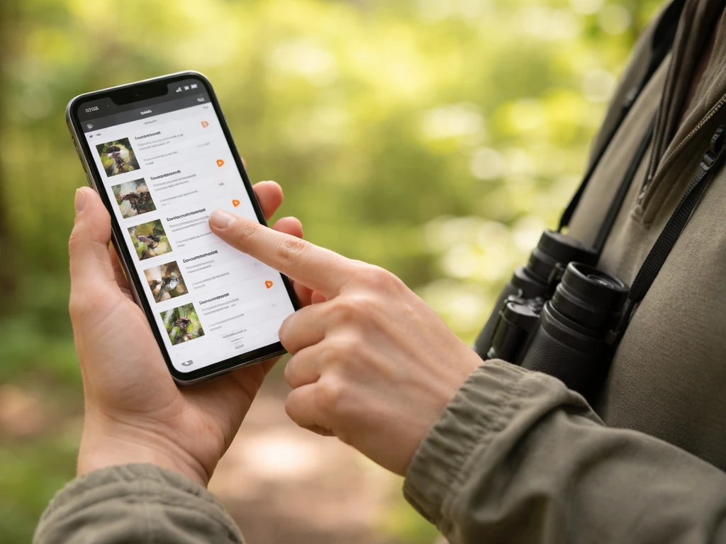 Hands holding a phone with a bird-sound app open outdoors, blurred trees behind.