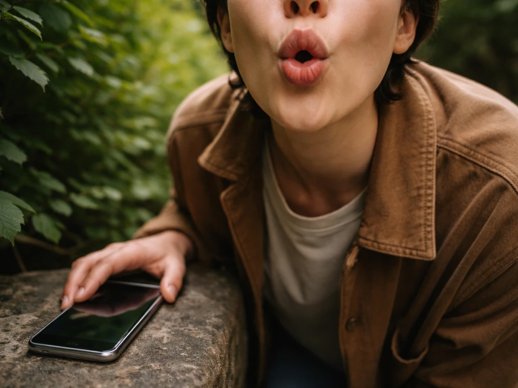 Person near leafy plants practicing bird-song imitation with a phone/notebook nearby.