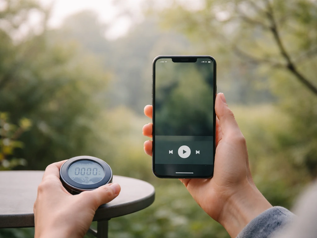Person holding a phone outdoors, playback paused and a small stopwatch showing a few minutes while waiting for birds.