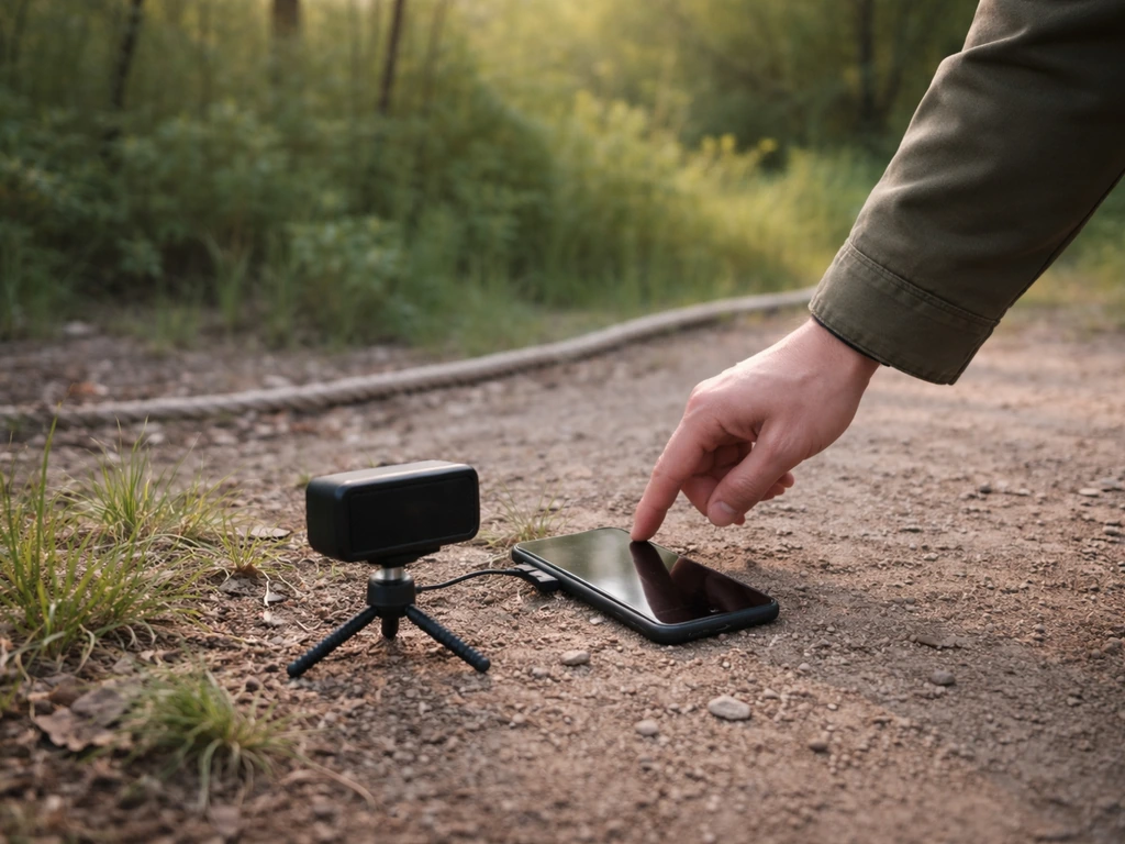 Person hand lowers volume on phone next to a bird-call device away from nesting area trail boundary.