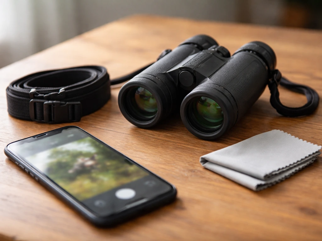 Entry-level binoculars beside a phone and small cloth on a wooden table, minimal starter kit scene.