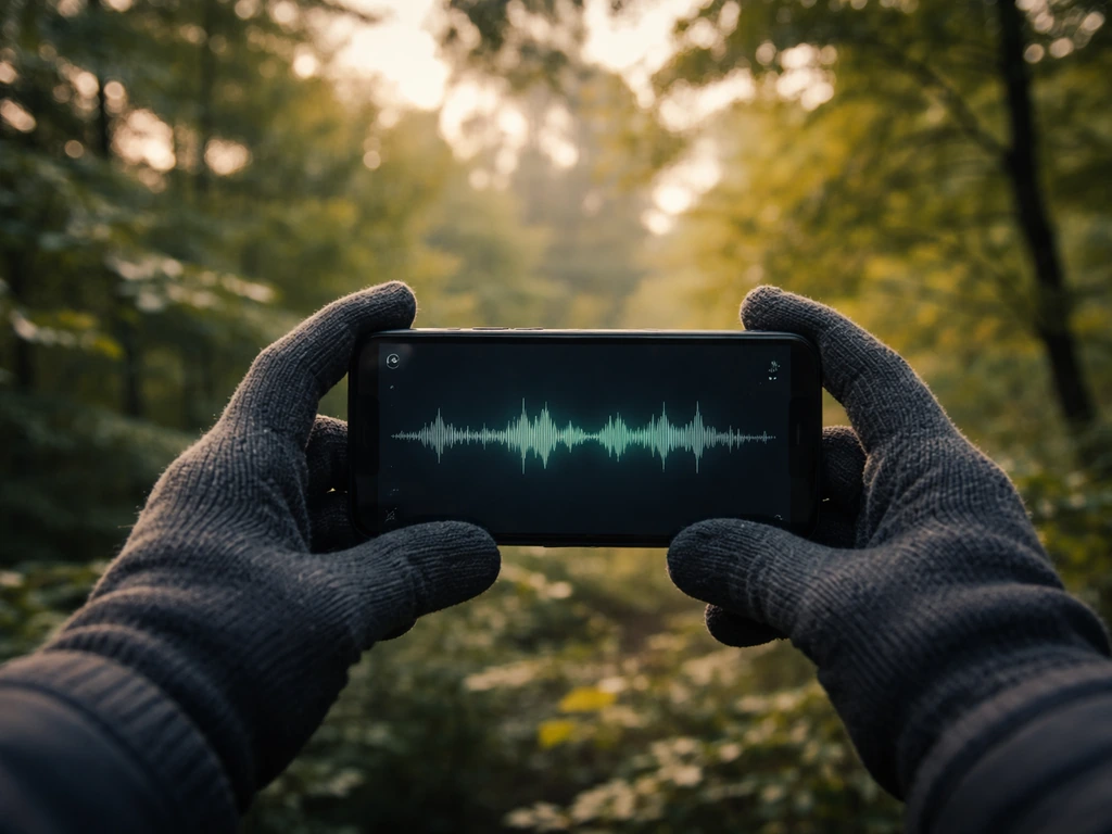 Person’s hands holding a smartphone with a bird-sound app while looking at a quiet tree canopy.