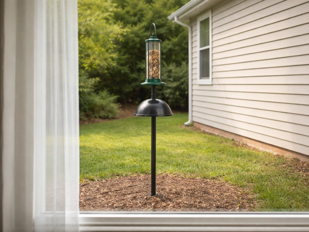Simple backyard bird feeder on a pole with baffle, placed near a window with safe spacing.